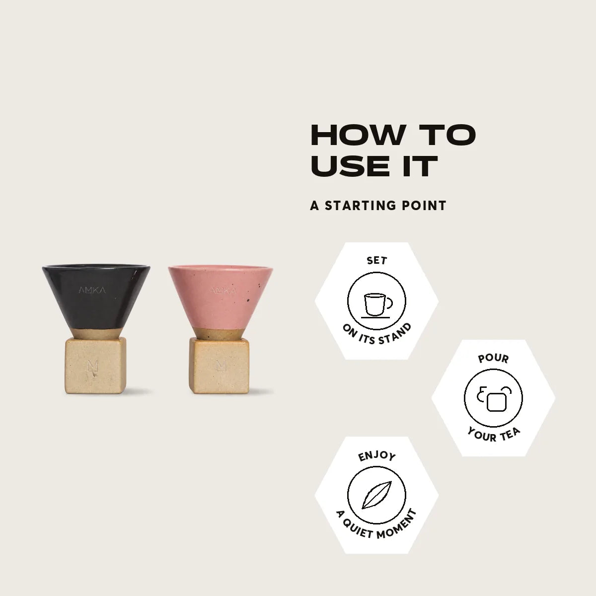 How to use it. Set On its stand. Pour Your tea. Enjoy A quiet moment
