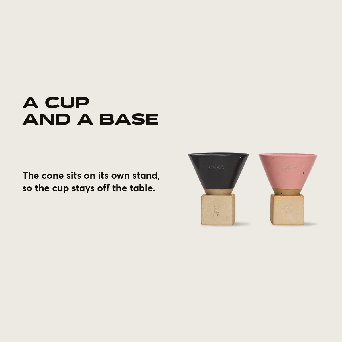A cup and a base. The cone sits on its own stand, so the cup stays off the table.