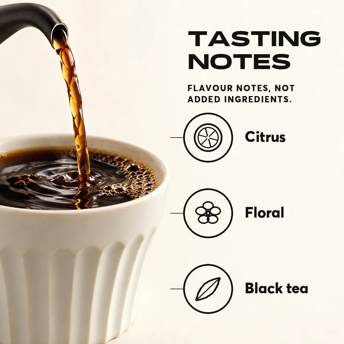 Kenya AA tasting notes: citrus, floral and black tea. Flavour notes, not added ingredients