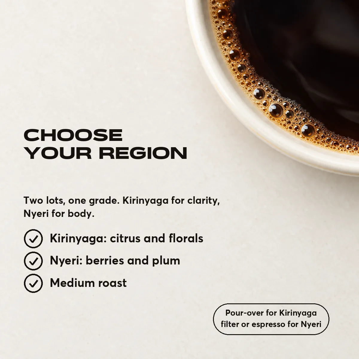 Choose your region: Kirinyaga for citrus and florals, Nyeri for berries and plum