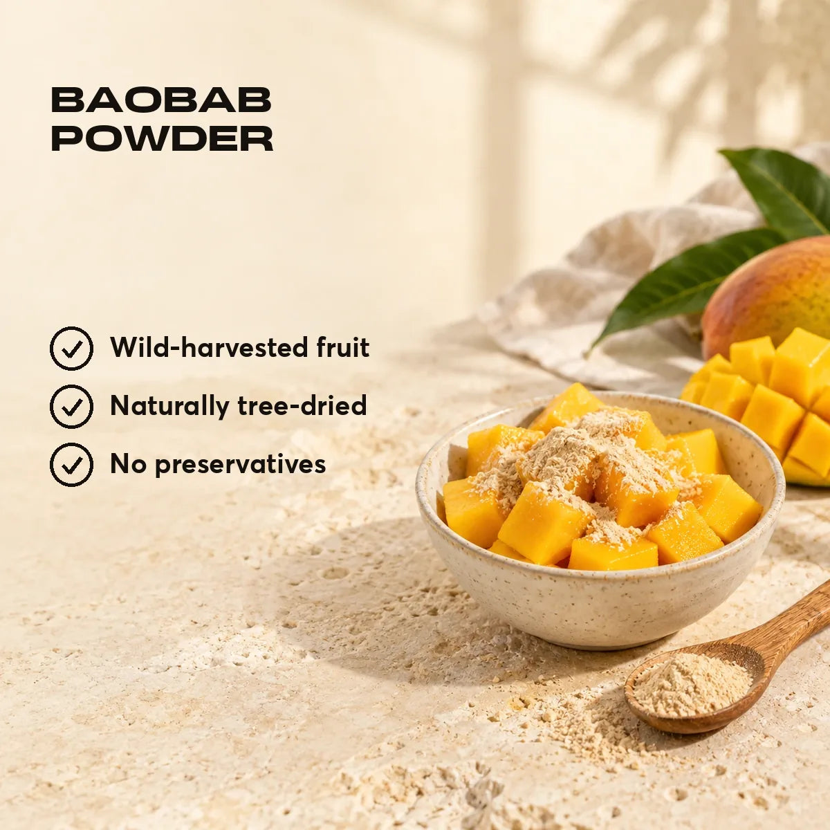 Baobab powder. Wild-harvested fruit. Naturally tree-dried. No preservatives