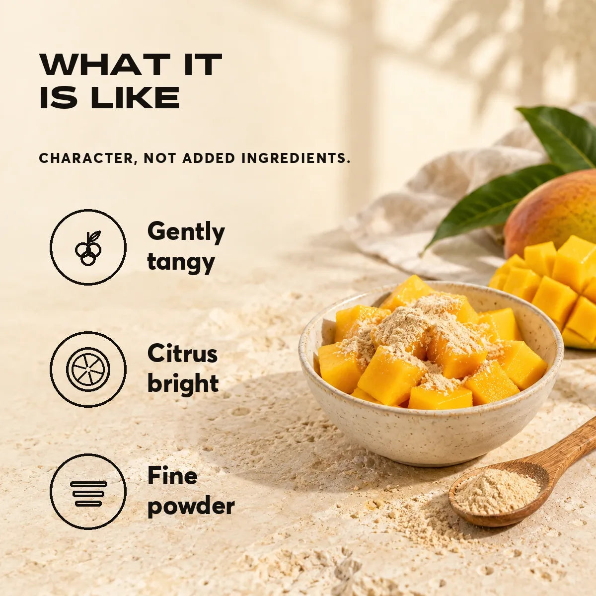 What it is like. Character, not added ingredients.. Gently tangy. Citrus bright. Fine powder