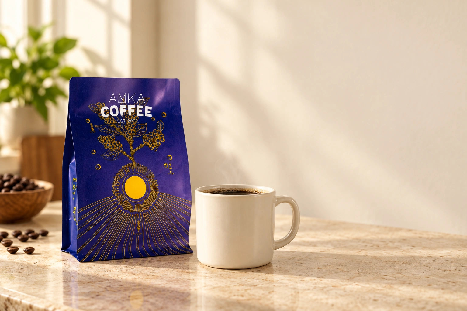 AMKA Kenya AA pouch and a coffee mug in morning light