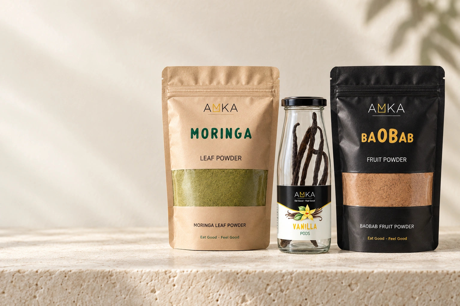 AMKA baobab, moringa and vanilla together on a pantry shelf